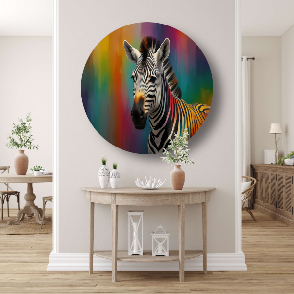 Abstracte kleurrijke zebra op canvas aluminium muurcirkel