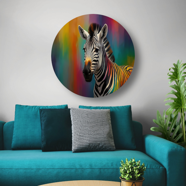 Abstracte kleurrijke zebra op canvas aluminium muurcirkel