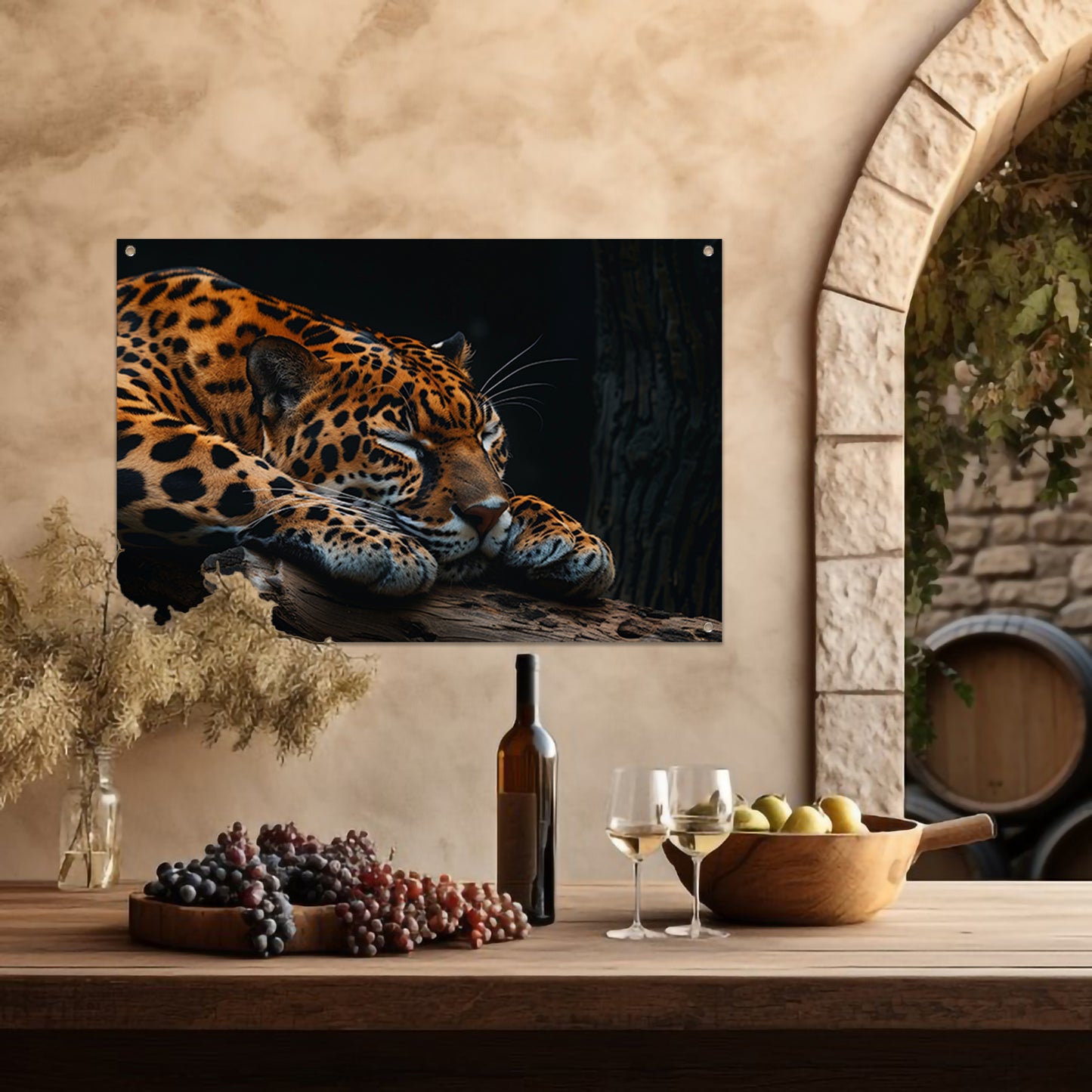 Slapende jaguar op een boomtak tuinposter