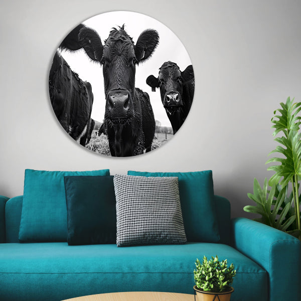 Nieuwsgierige koeien in zwart-wit close-up forex muurcirkel