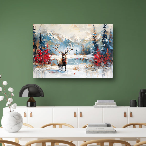 Expressief hert in winterlandschap schilderij poster