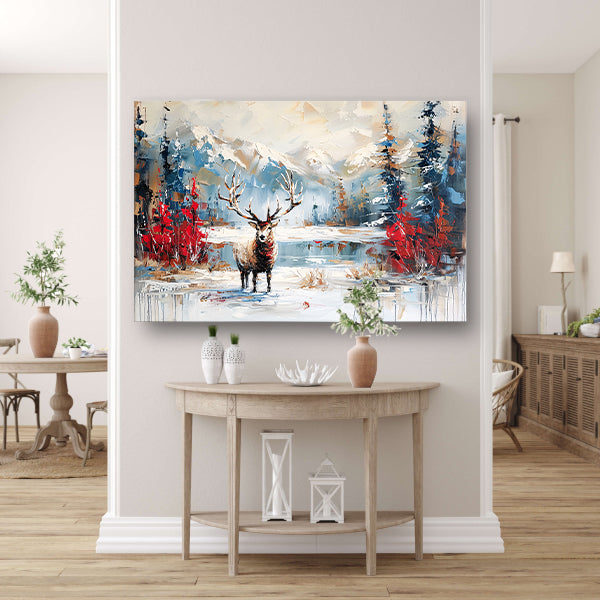 Expressief hert in winterlandschap schilderij poster