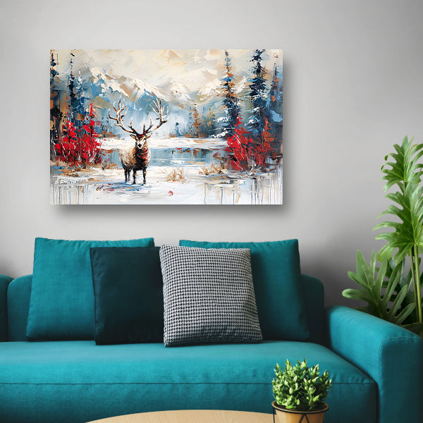 Expressief hert in winterlandschap schilderij poster