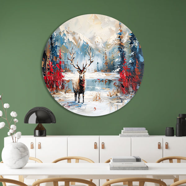 Expressief hert in winterlandschap schilderij aluminium muurcirkel