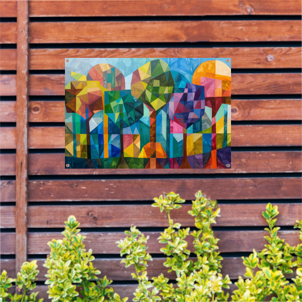 Abstracte kleurrijke bomen in geometrische stad tuinposter