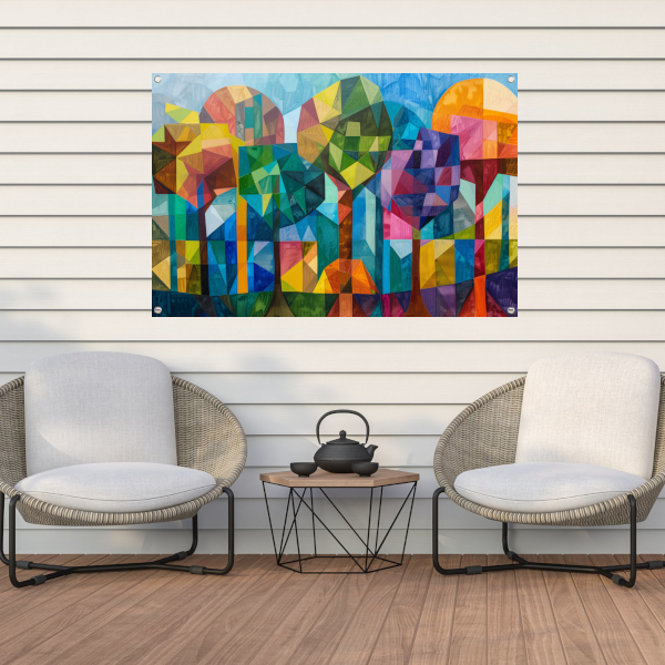 Abstracte kleurrijke bomen in geometrische stad tuinposter
