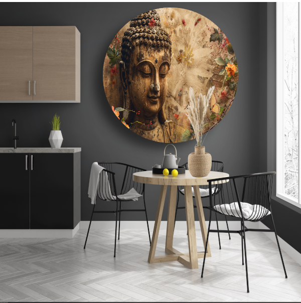 Boeddha in Sereniteit met Bloemenpracht aluminium muurcirkel