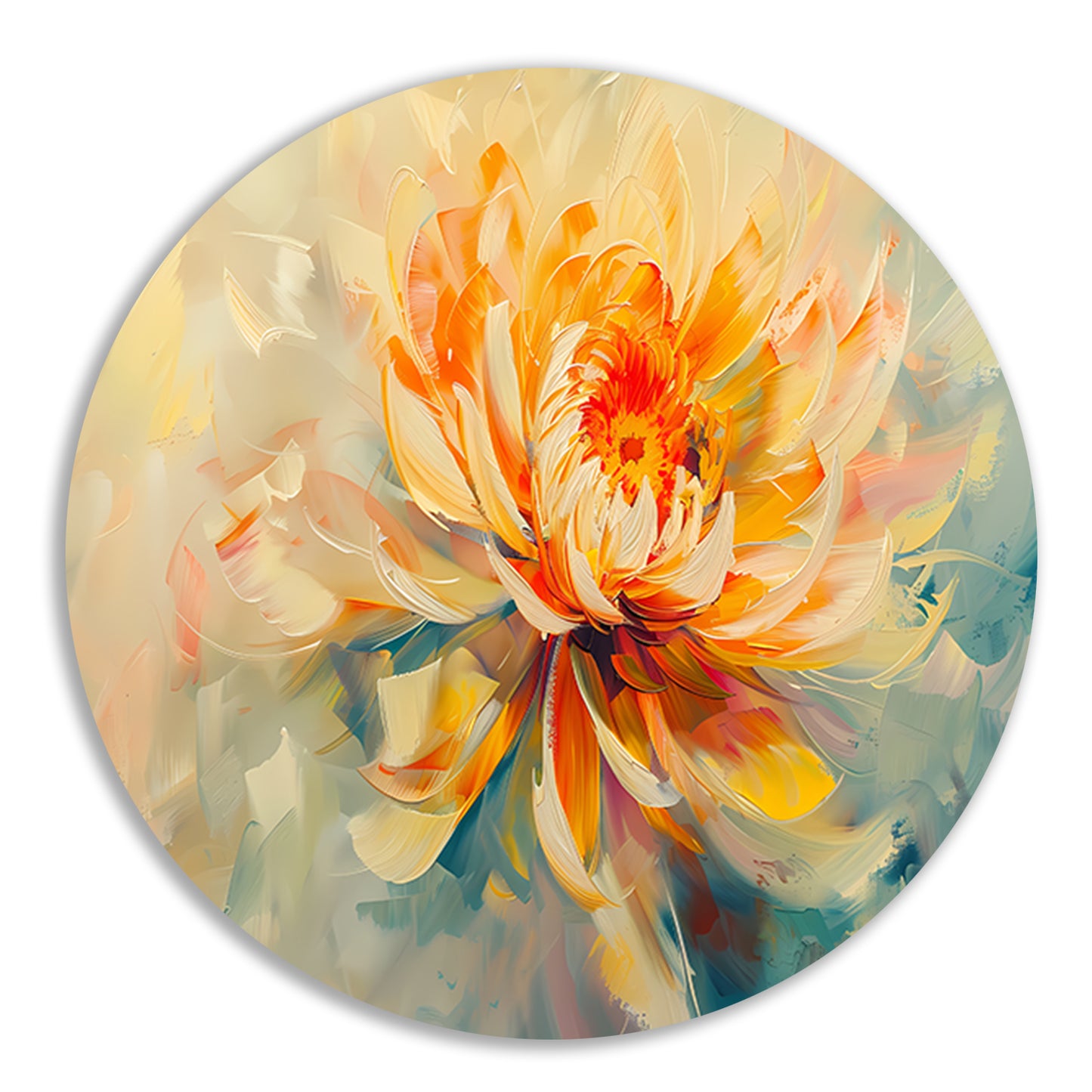 Abstract chrysant schilderij met levendige kleuren aluminium muurcirkel