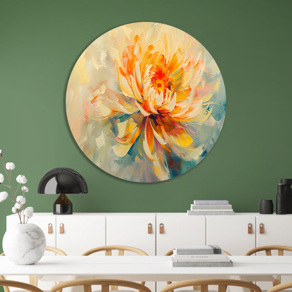 Abstract chrysant schilderij met levendige kleuren aluminium muurcirkel