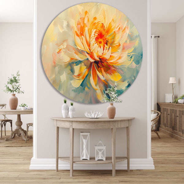 Abstract chrysant schilderij met levendige kleuren aluminium muurcirkel