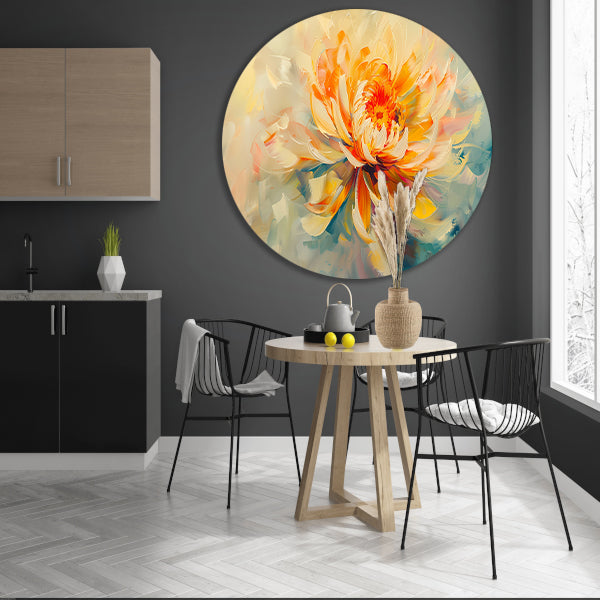 Abstract chrysant schilderij met levendige kleuren aluminium muurcirkel