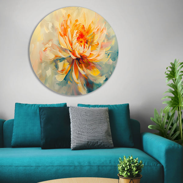 Abstract chrysant schilderij met levendige kleuren aluminium muurcirkel