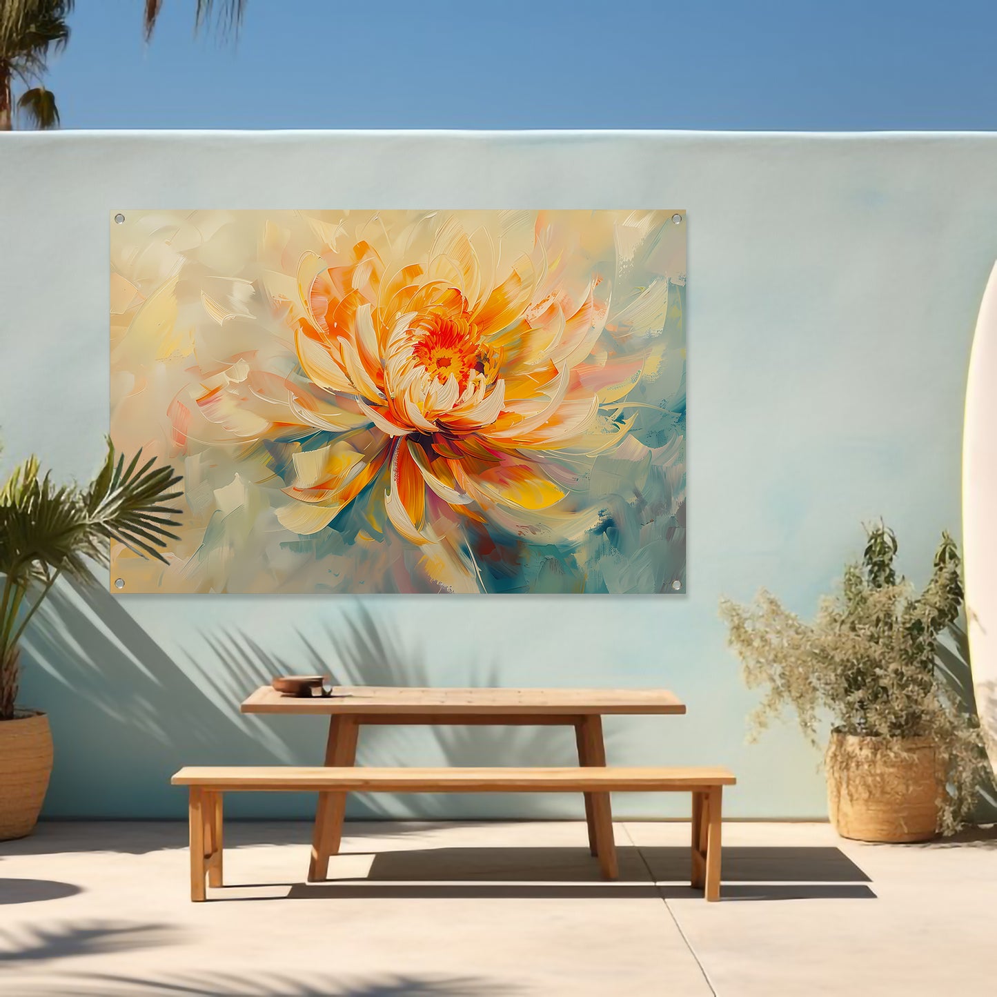 Abstract chrysant schilderij met levendige kleuren tuinposter