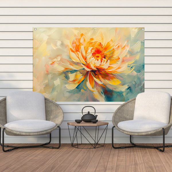 Abstract chrysant schilderij met levendige kleuren tuinposter