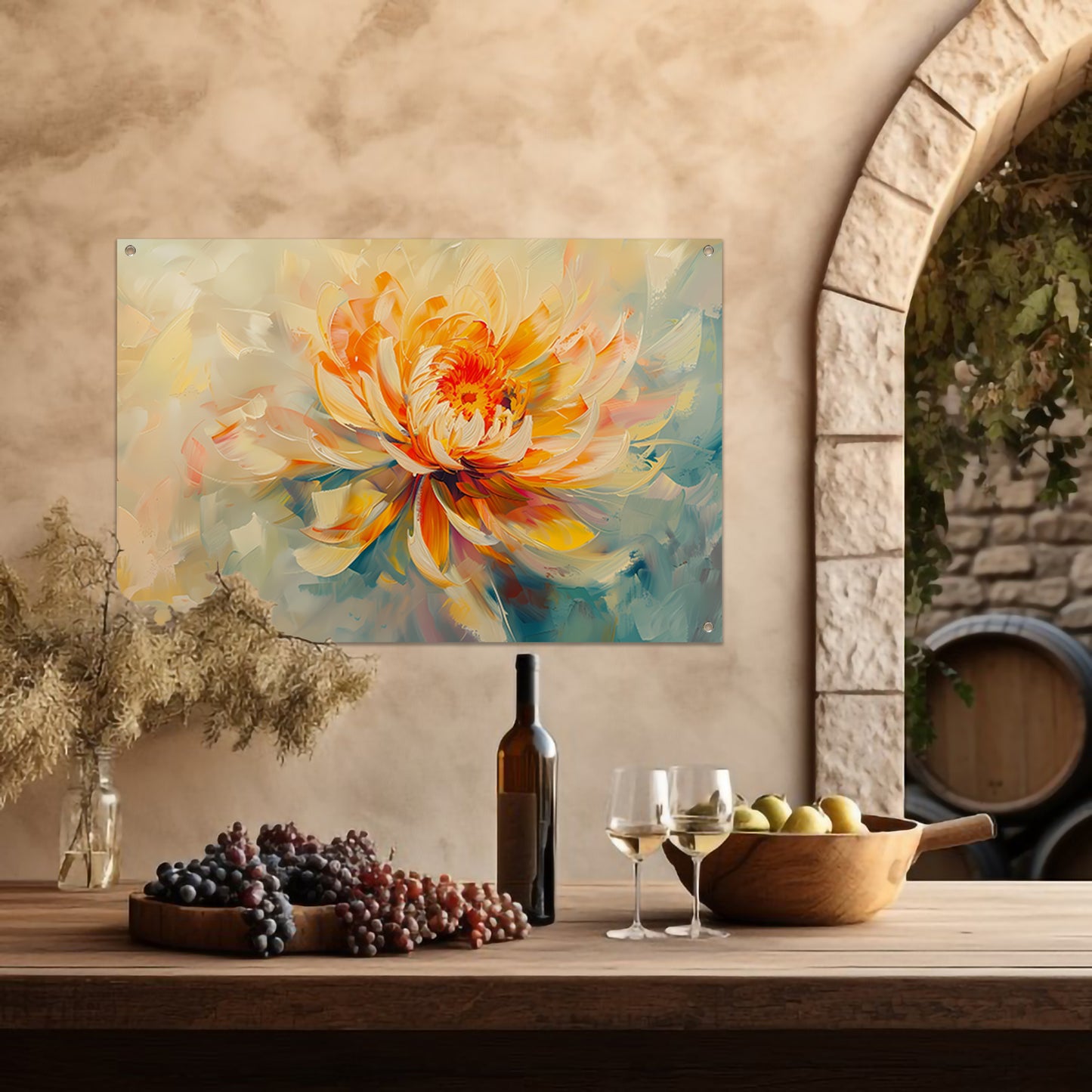 Abstract chrysant schilderij met levendige kleuren tuinposter