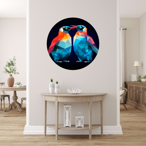 Twee Pinguïns in Geometrische Harmonie aluminium muurcirkel