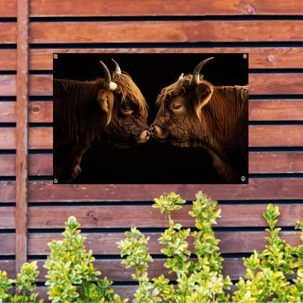 Twee hooglanders neus aan neus tuinposter