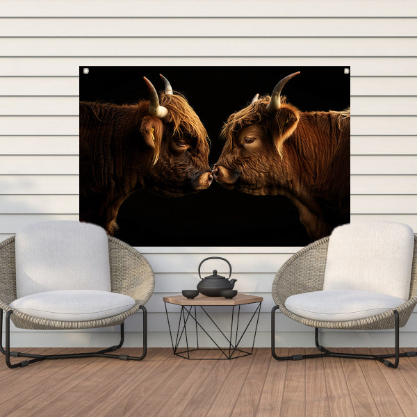 Twee hooglanders neus aan neus tuinposter
