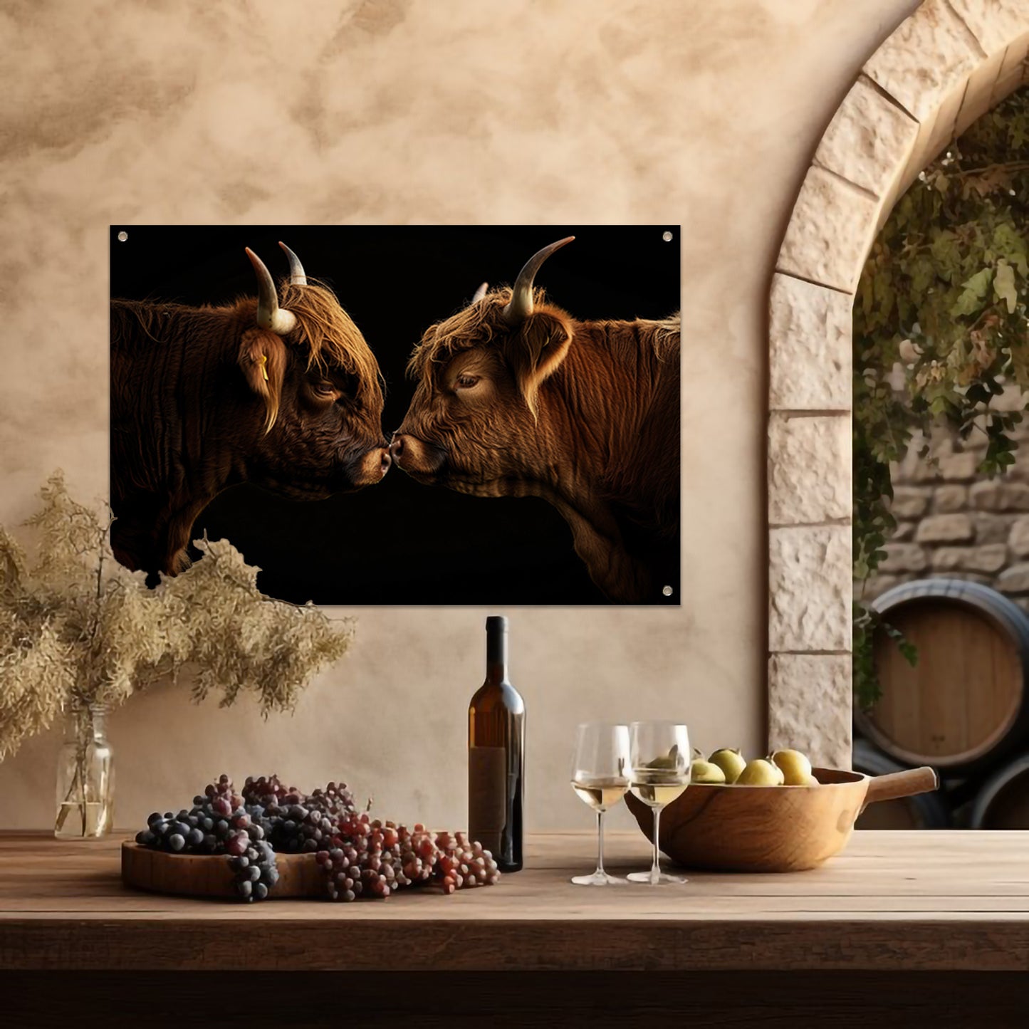 Twee hooglanders neus aan neus tuinposter