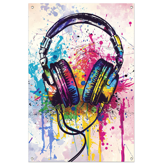 Abstract koptelefoon met Kleurrijk verfspatten tuinposter