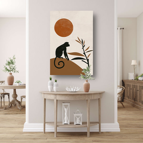 Zwart silhouet van aap tegen grote oranje zon poster