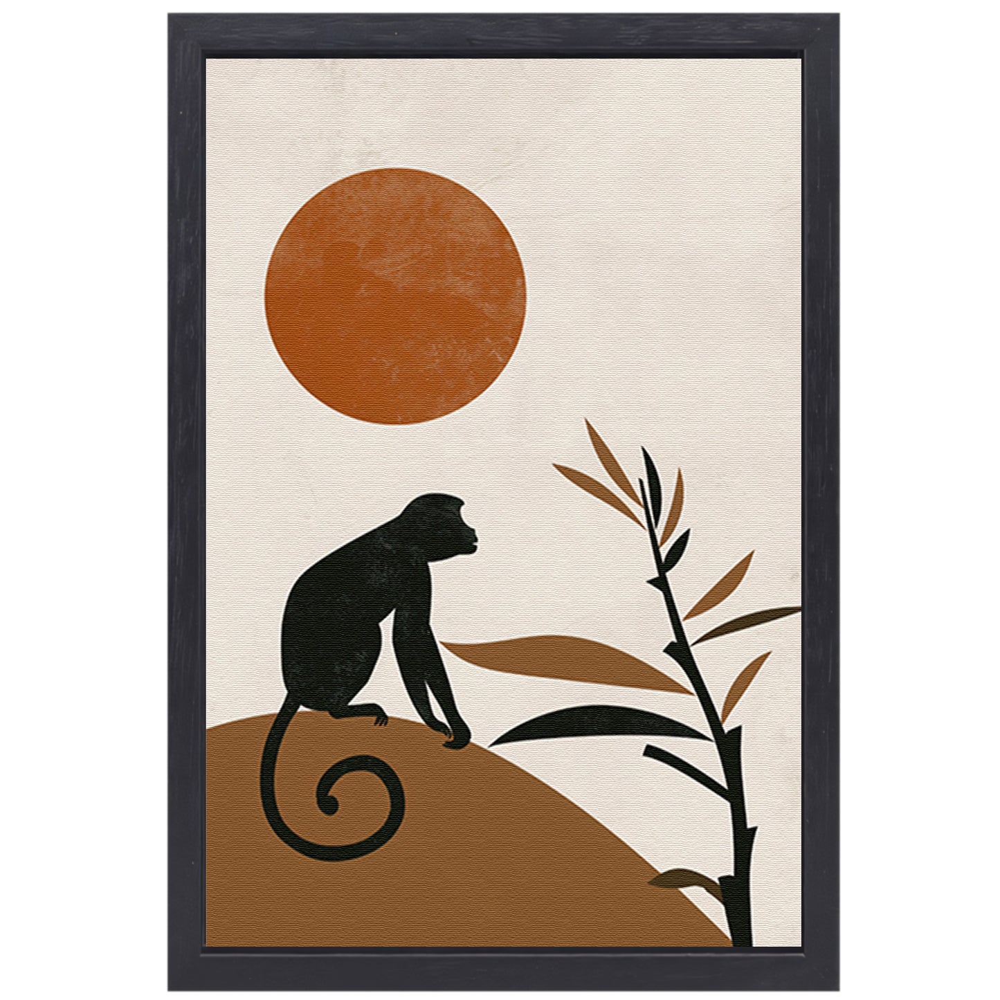 Zwart silhouet van aap tegen grote oranje zon canvas met baklijst