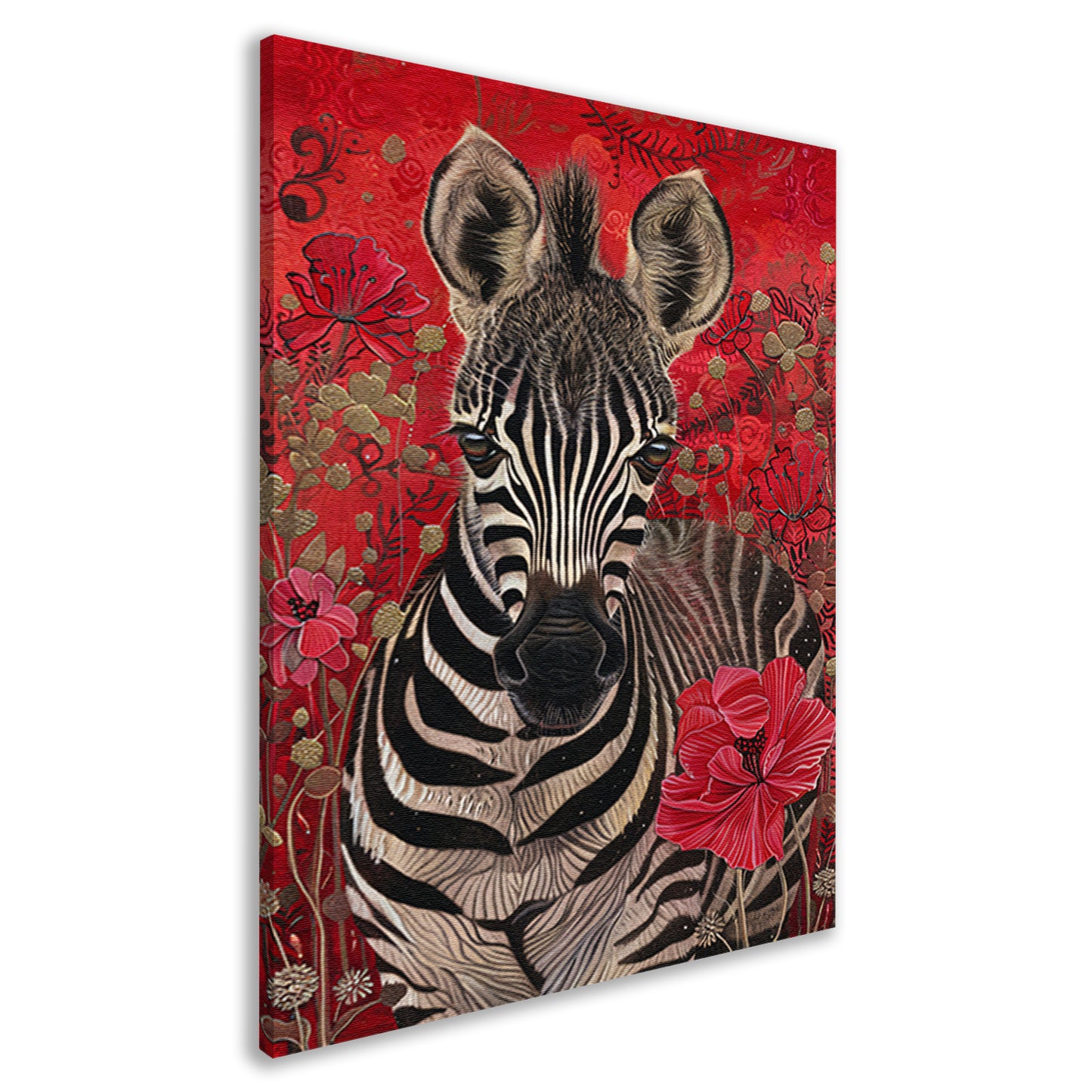 Zebra met bloemen op rode achtergrond canvas