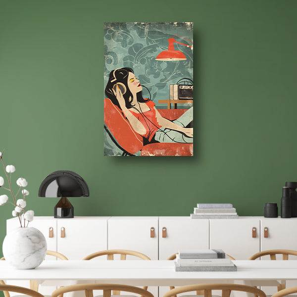 Vrouw luistert naar muziek in vintage stijl poster