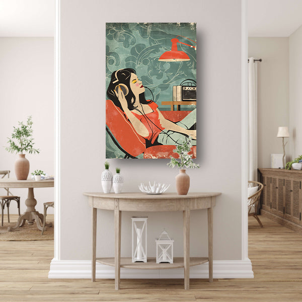 Vrouw luistert naar muziek in vintage stijl poster