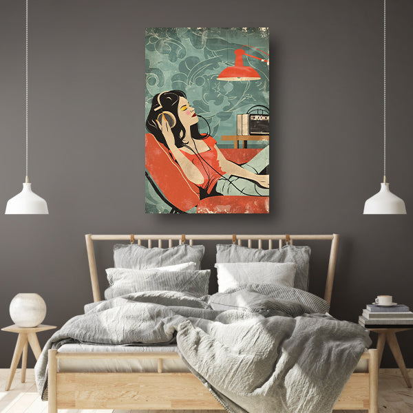 Vrouw luistert naar muziek in vintage stijl poster