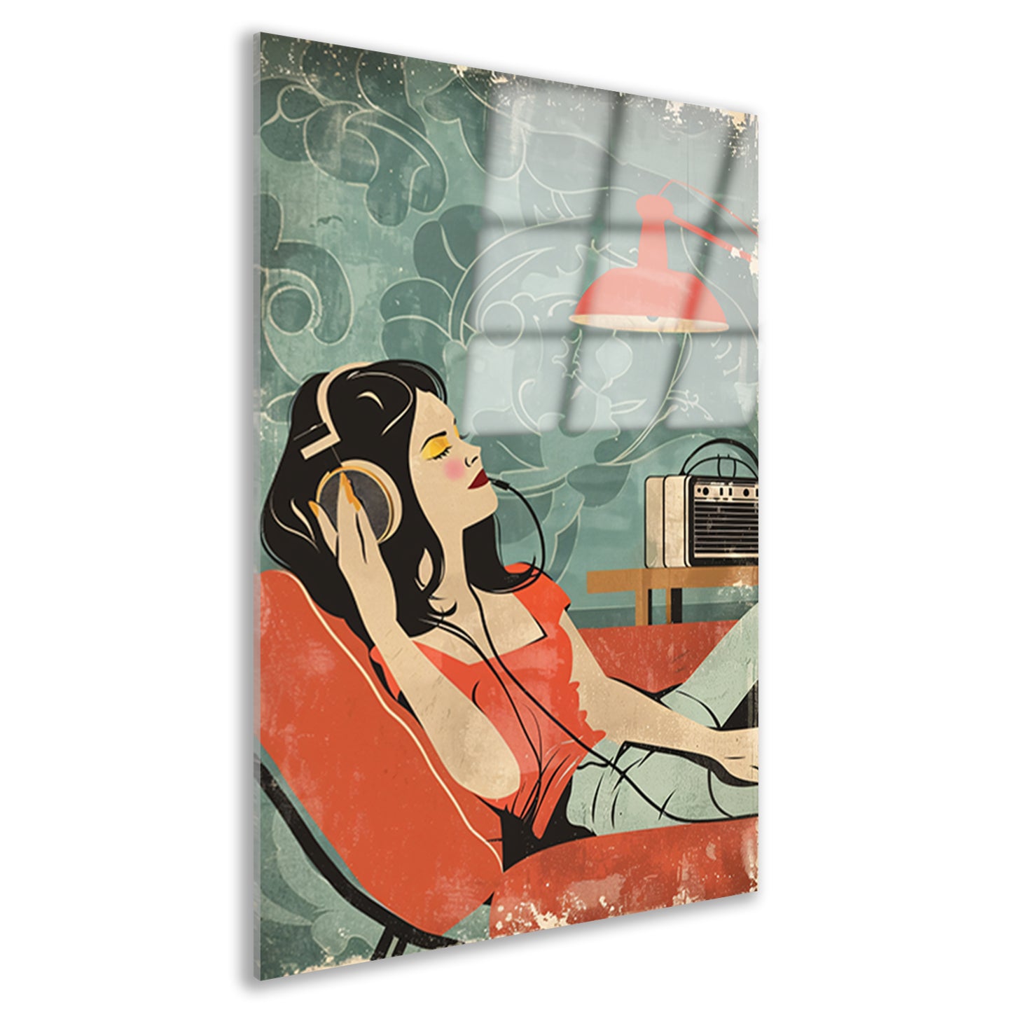Vrouw luistert naar muziek in vintage stijl acrylglas