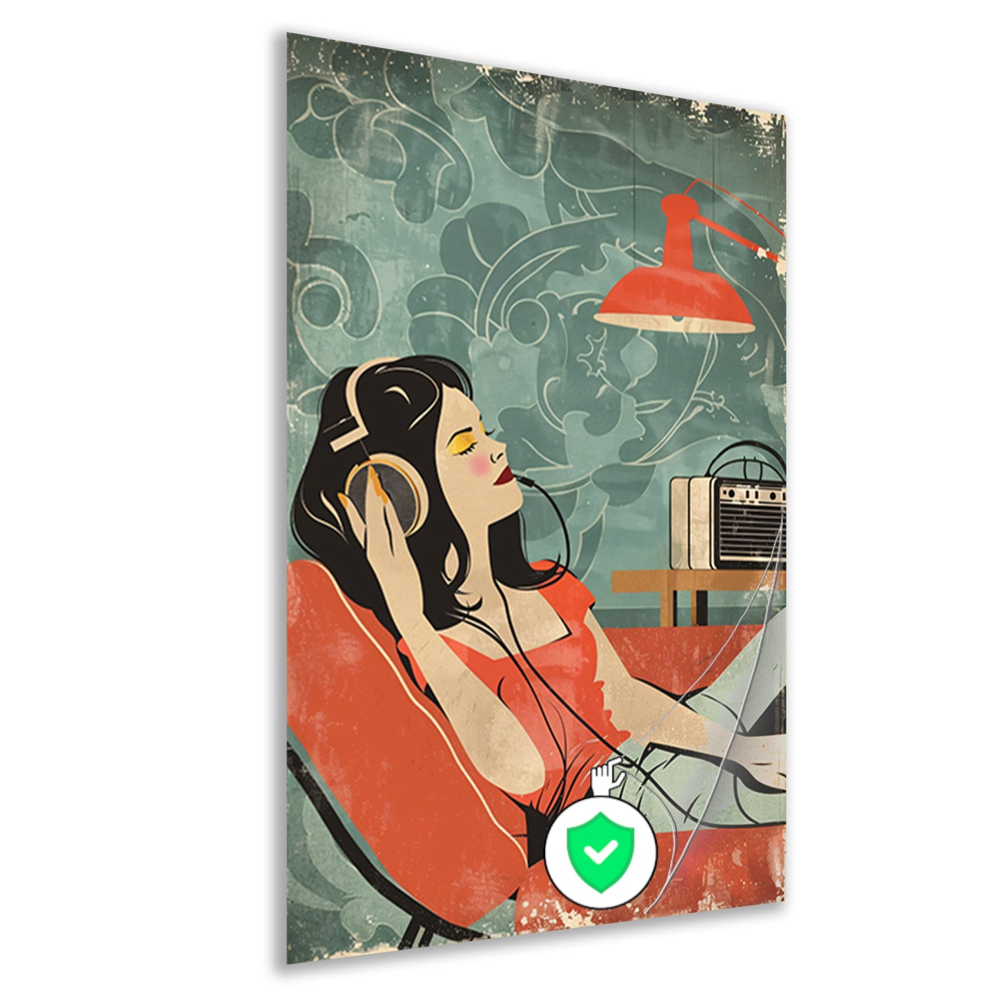 Vrouw luistert naar muziek in vintage stijl poster