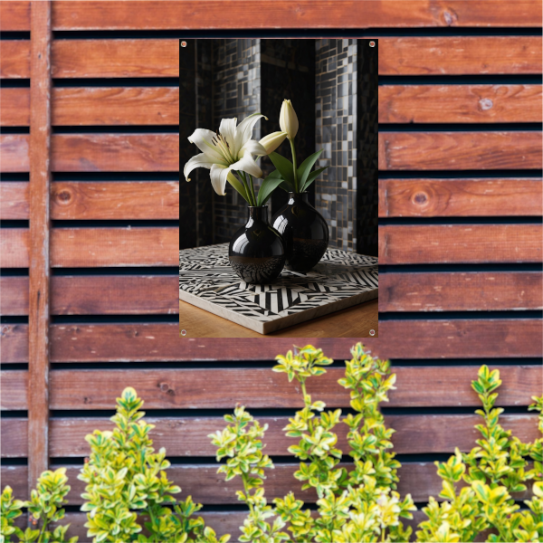 Stilleven met Lelies in Zwart-Witte Vazen tuinposter