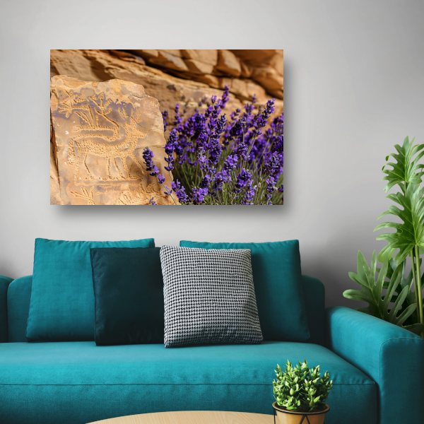 Hert met paarse bloemen gravure canvas