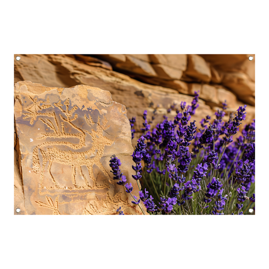 Hert met paarse bloemen gravure tuinposter