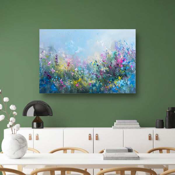 Abstract kleurrijk bloemenveld in natuurstijl canvas met baklijst