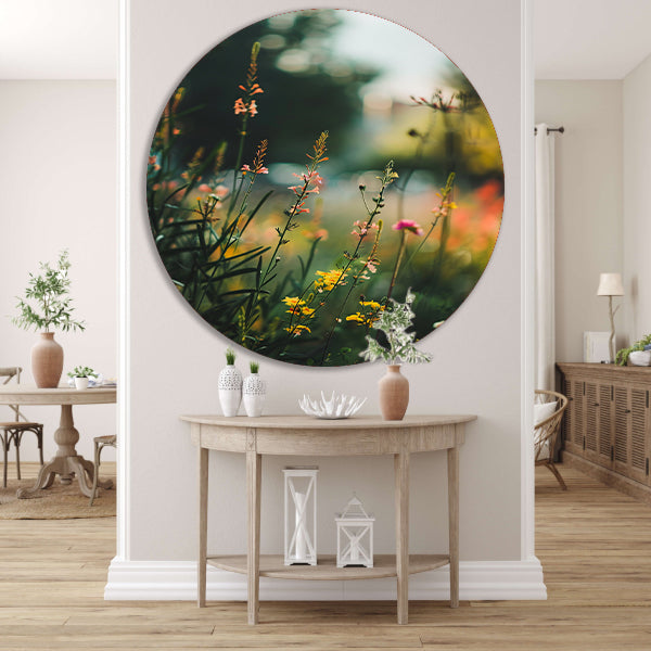 Wilde bloemen in de avondzon aluminium muurcirkel