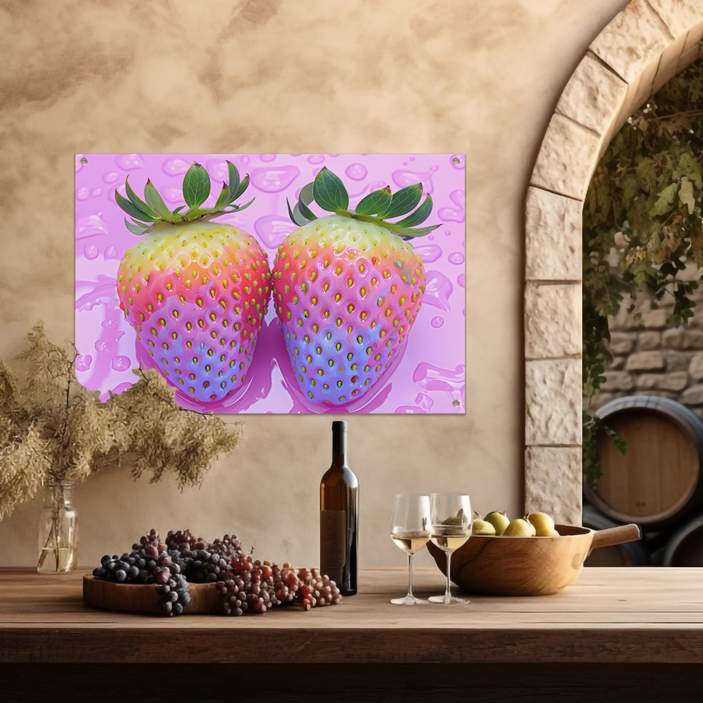 Abstract Aardbeien op Roze Achtergrond tuinposter