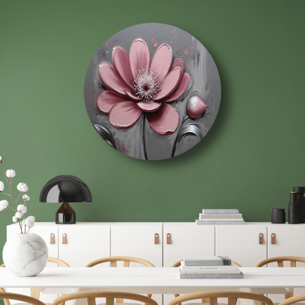 Impressionistische Bloem in Roze en Grijs aluminium muurcirkel
