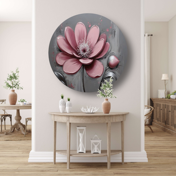 Impressionistische Bloem in Roze en Grijs aluminium muurcirkel