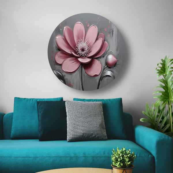 Impressionistische Bloem in Roze en Grijs aluminium muurcirkel