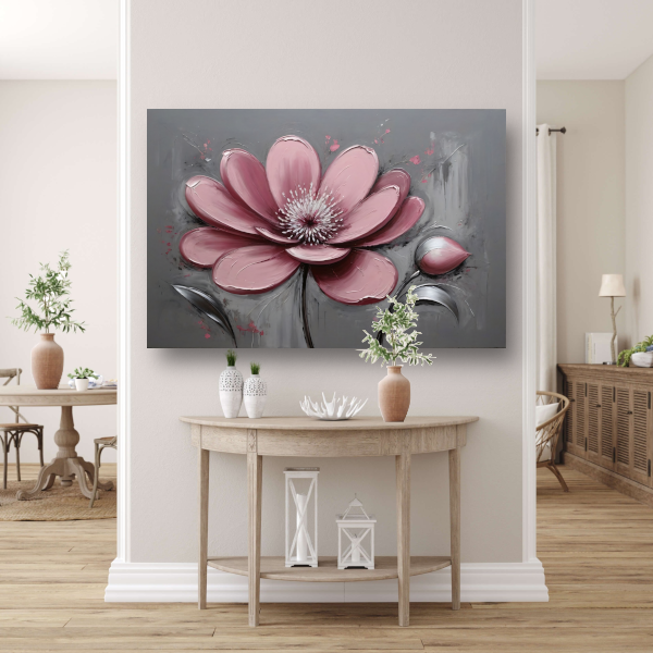 Impressionistische Bloem in Roze en Grijs canvas met baklijst