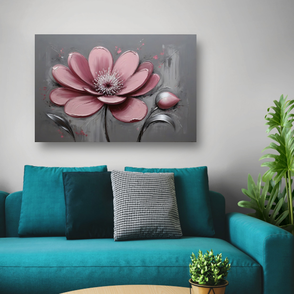 Impressionistische Bloem in Roze en Grijs canvas met baklijst
