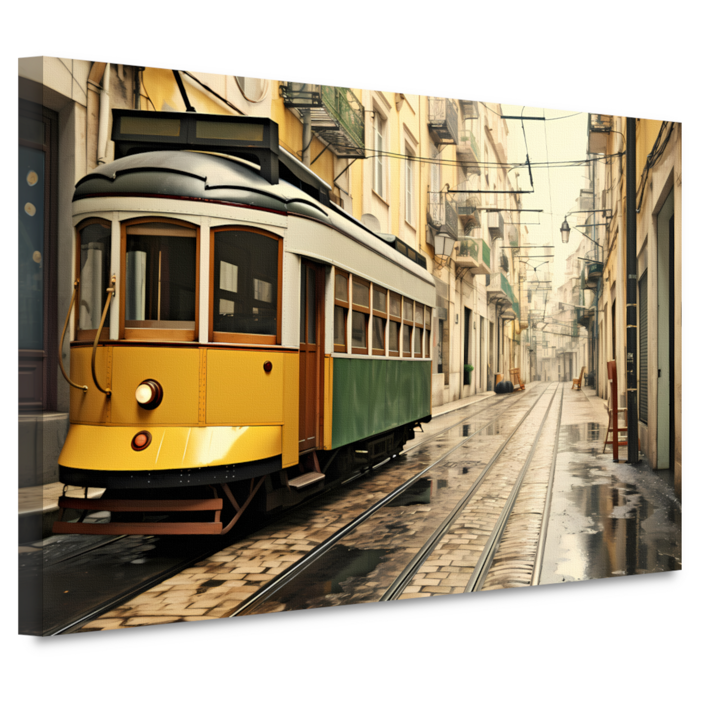 Gele tram op minimalistische rails canvas