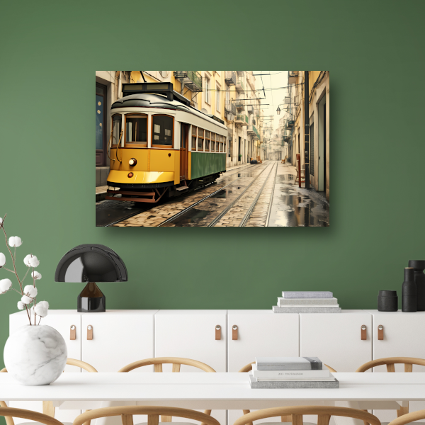 Gele tram op minimalistische rails acrylglas