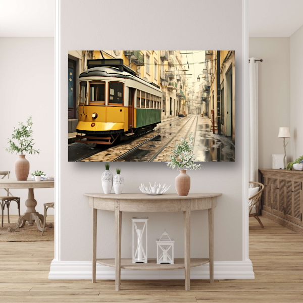 Gele tram op minimalistische rails acrylglas