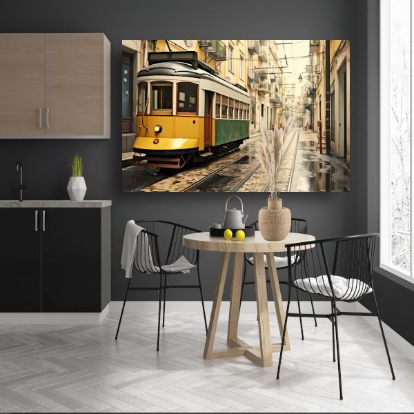 Gele tram op minimalistische rails acrylglas