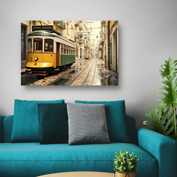 Gele tram op minimalistische rails acrylglas