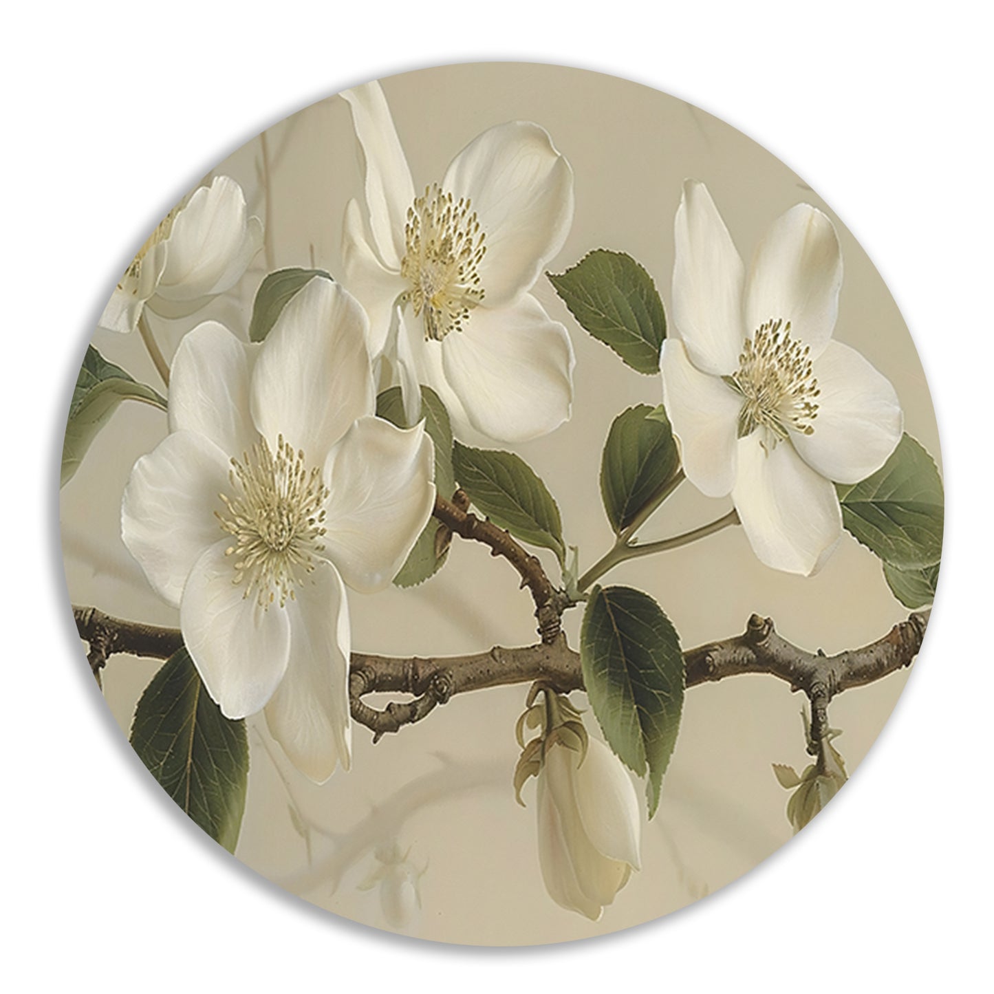 Witte bloemen op tak tegen beige achtergrond aluminium muurcirkel