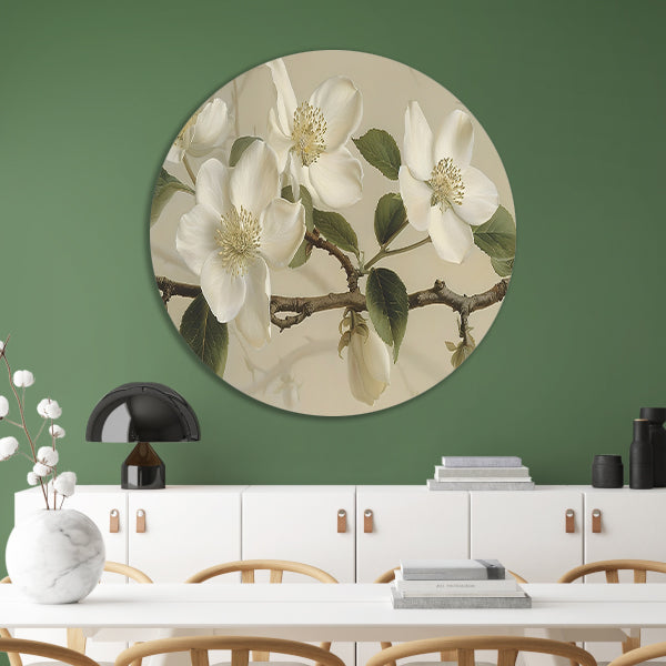 Witte bloemen op tak tegen beige achtergrond aluminium muurcirkel